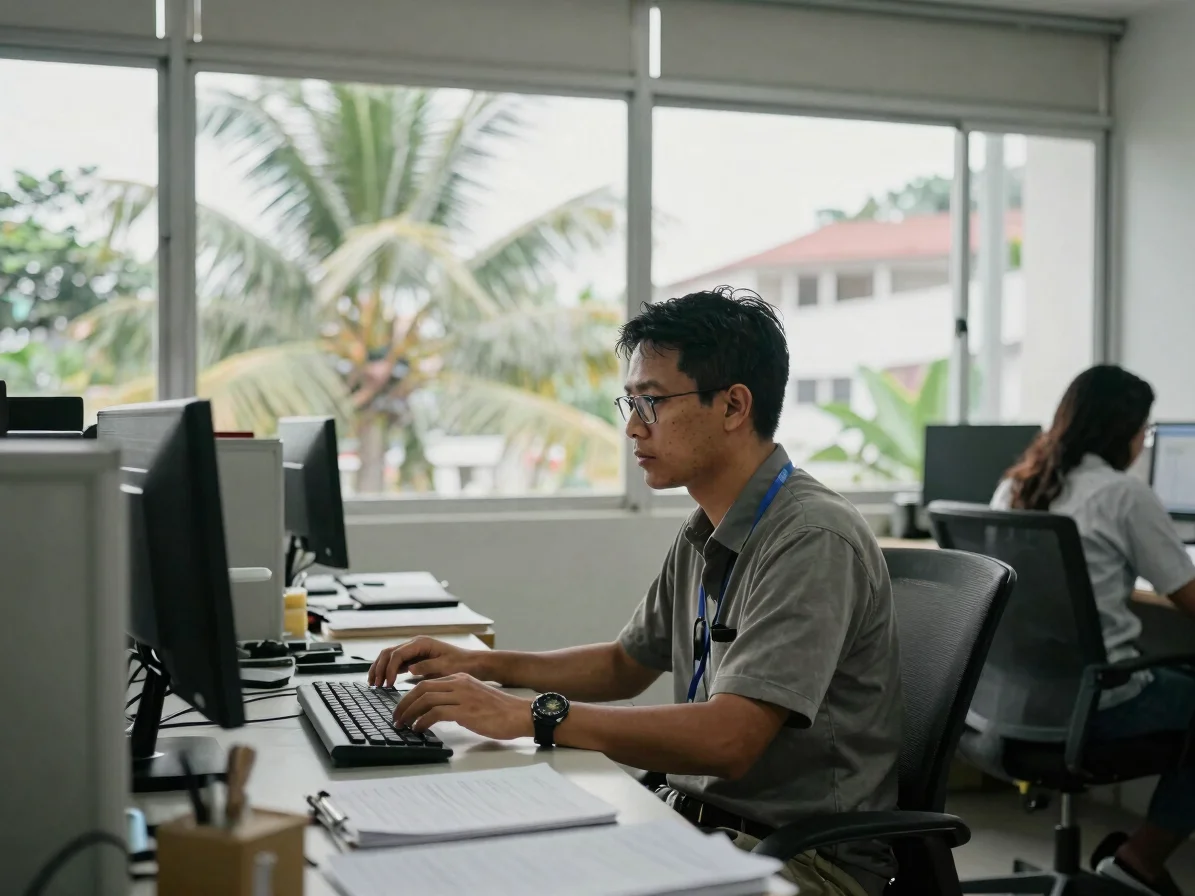 Documentary editorial photograph of a journalist working at a desk in a newsroom, natural tropical daylight through a wi