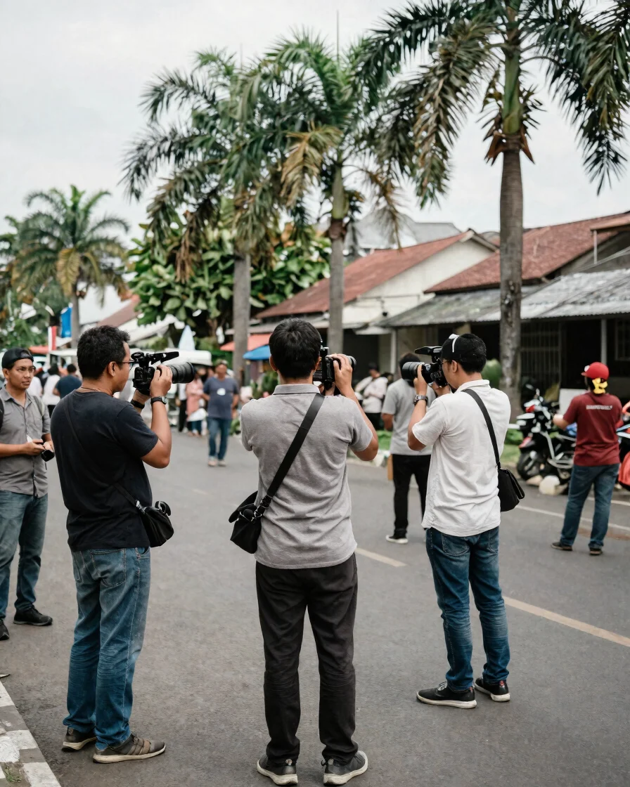 Documentary editorial photograph of reporters in a public space in an Indonesian city, natural tropical daylight, candid